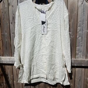Button Down Women's Plus Medium Off White Ecru Le Mieux Top Long Sleeve